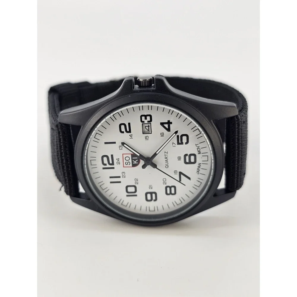 41MM Field Men Analog Watch White Dial Date Black Canvas Nylon Bands New Battery